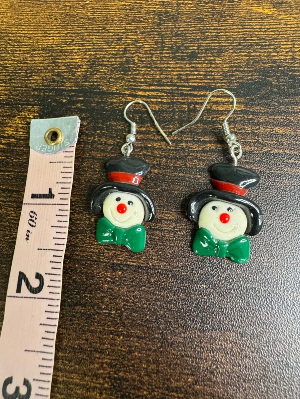 Cute Snowman Top Hat Dangle Earrings - Black, Red, Green - Picture 3 of 5